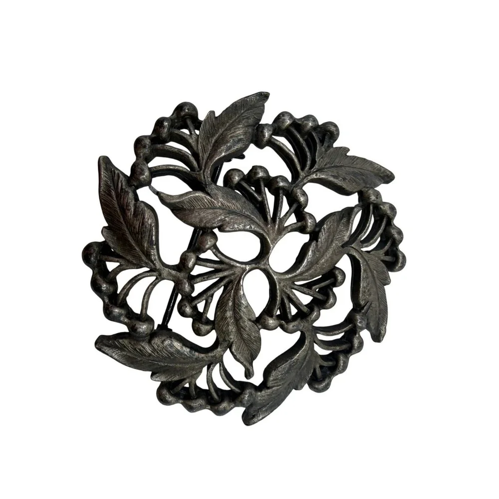 Silver Tone Pewter Leaf and Berry Wreath Brooch Pin Vintage Botanical Style
